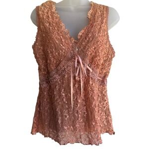 Merona Top Women Large Coral Lace V Neck Sleeveless Ribbon Bow Accent Y2K Fairy